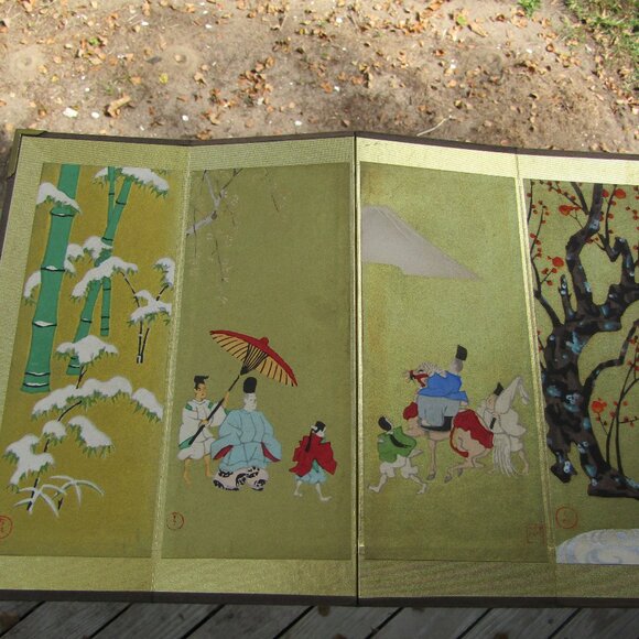 Vintage Japanese Miniature 4-Panel Folding Screen Tabletop Byōbu Art | Mt. Fuji - Picture 10 of 16
